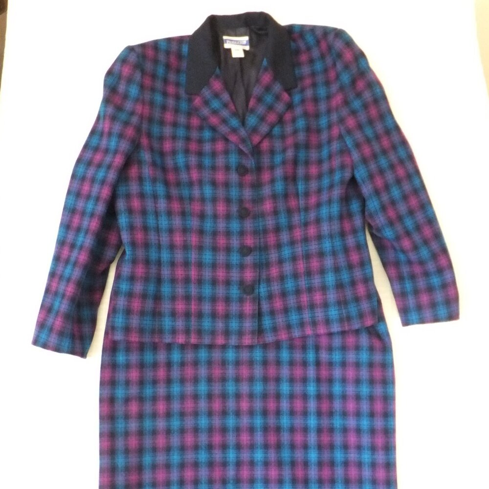 Pendleton Skirt Suit Womens 18 Teal Purple Plaid 100% Wool 2 Pieces
